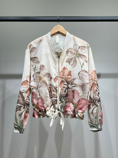 Blouson Léger Zippé à Cordon Poignet Élastique & Motif Floral