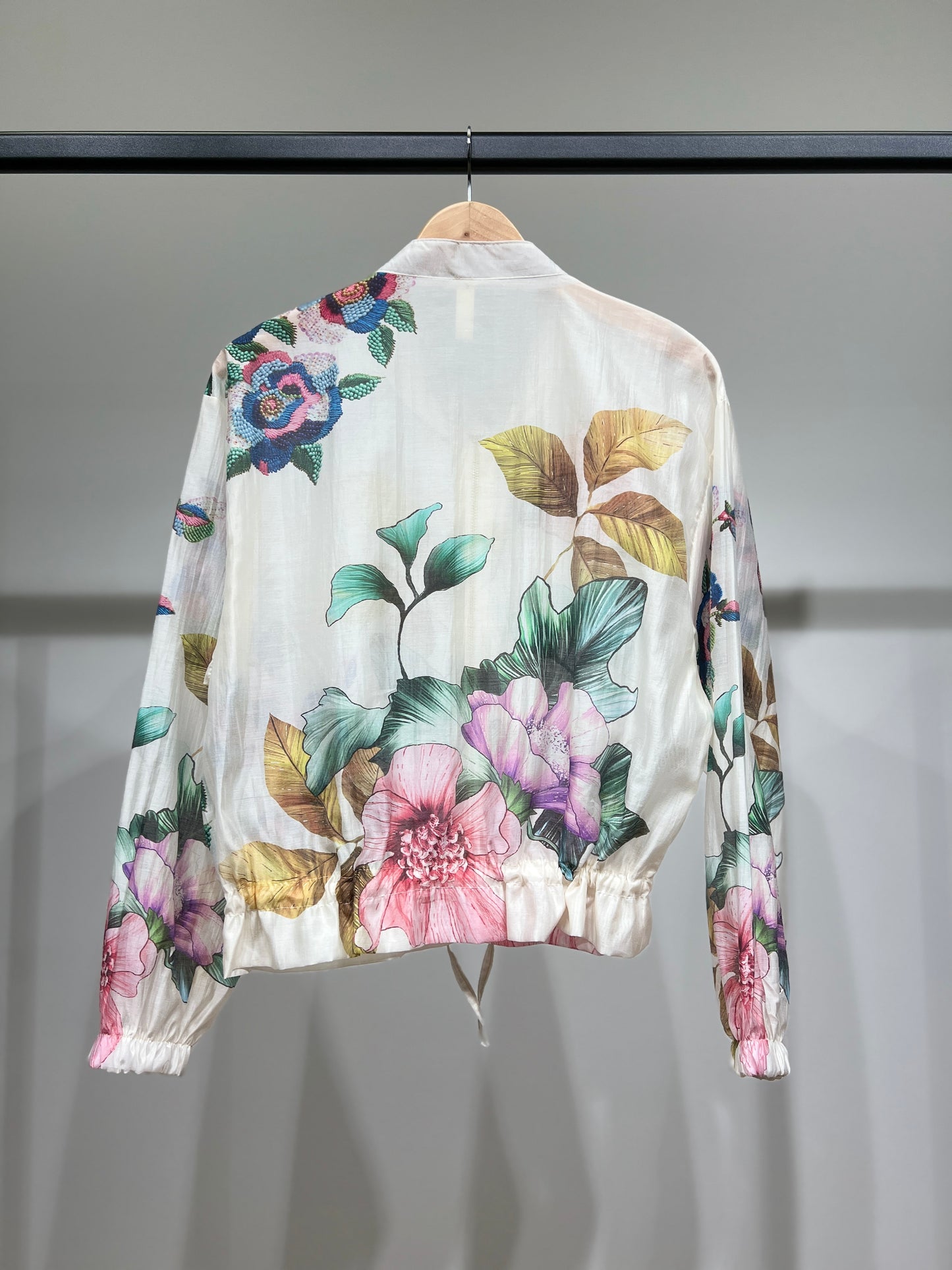 Blouson Léger Zippé à Cordon Poignet Élastique & Motif Floral