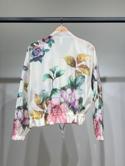 Blouson Léger Zippé à Cordon Poignet Élastique & Motif Floral