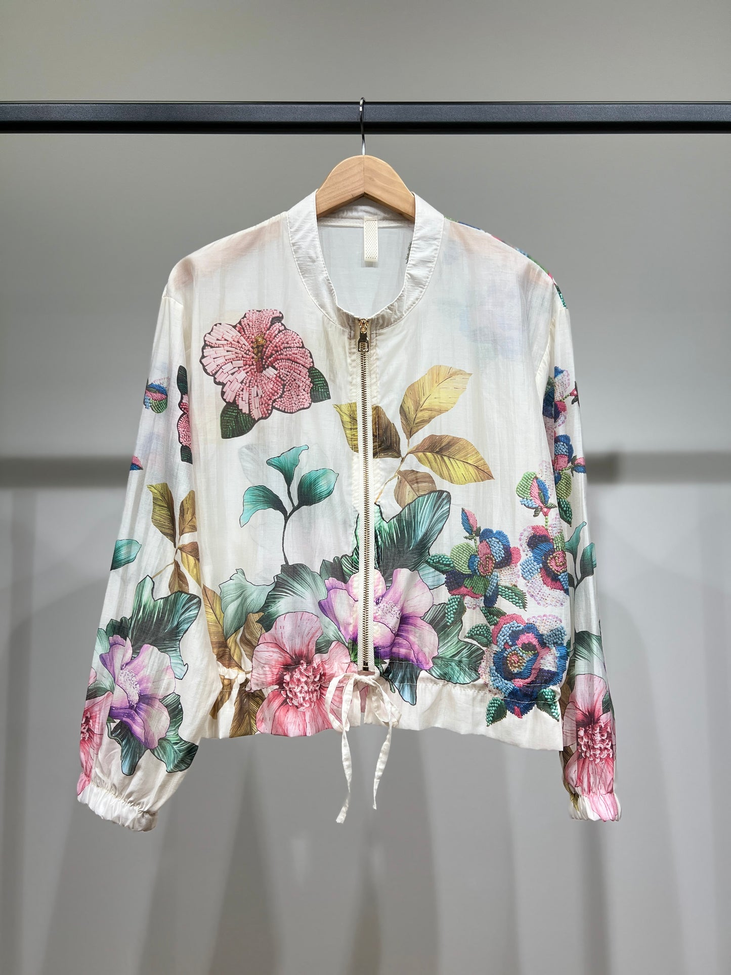 Blouson Léger Zippé à Cordon Poignet Élastique & Motif Floral