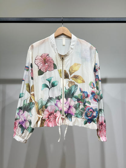 Blouson Léger Zippé à Cordon Poignet Élastique & Motif Floral
