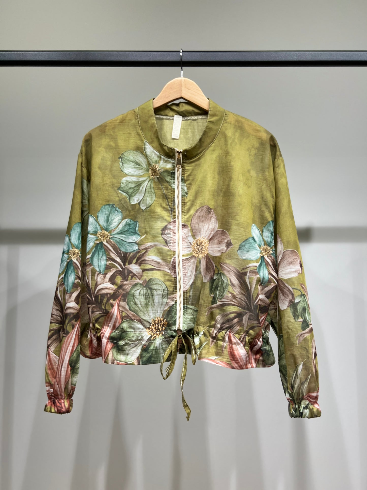 Blouson Léger Zippé à Cordon Poignet Élastique & Motif Floral