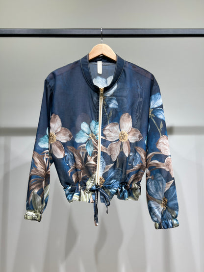 Blouson Léger Zippé à Cordon Poignet Élastique & Motif Floral