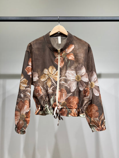 Blouson Léger Zippé à Cordon Poignet Élastique & Motif Floral