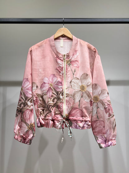 Blouson Léger Zippé à Cordon Poignet Élastique & Motif Floral
