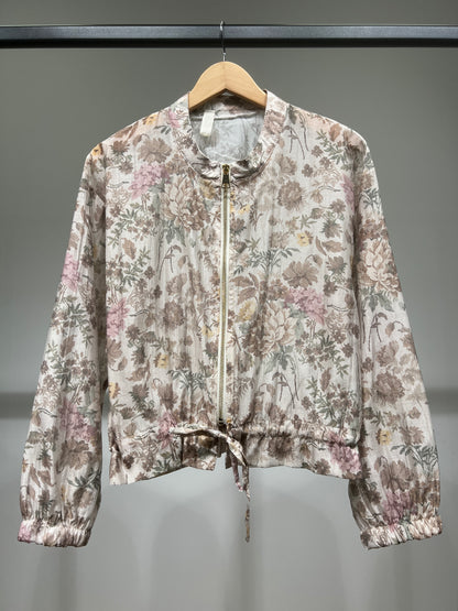 Veste Courte Légère Zippé Imprimé Floral Taille à Cordon