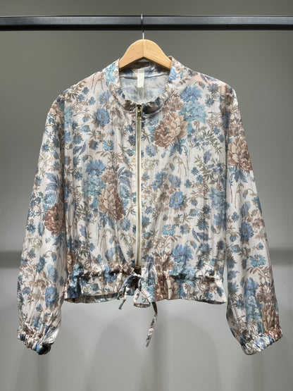 Veste Courte Légère Zippé Imprimé Floral Taille à Cordon