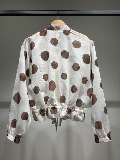 Veste Courte Légère Zippé Imprimé à Pois Taille à Cordon