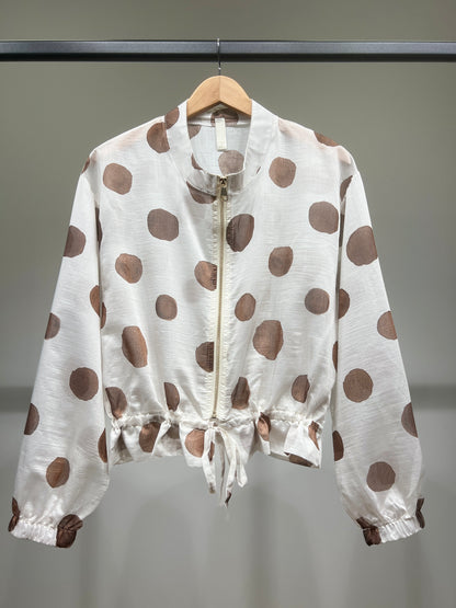 Veste Courte Légère Zippé Imprimé à Pois Taille à Cordon