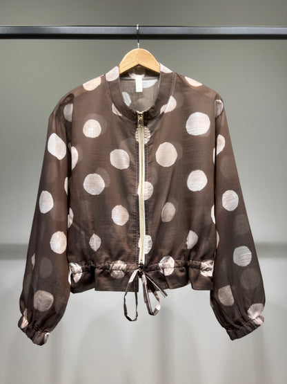 Veste Courte Légère Zippé Imprimé à Pois Taille à Cordon