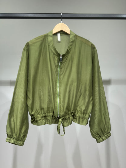 Veste Courte Zippé Manches Bouffantes Taille à Cordon