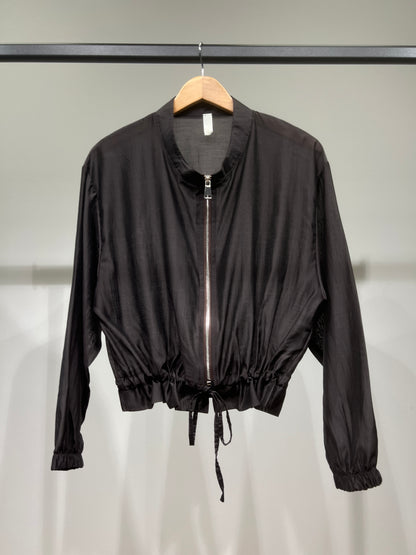 Veste Courte Zippé Manches Bouffantes Taille à Cordon