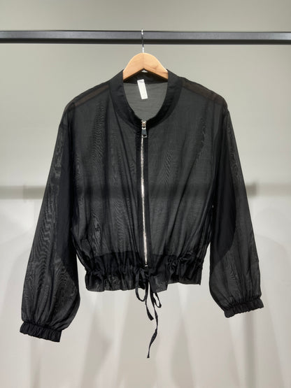 Veste Courte Zippé Manches Bouffantes Taille à Cordon