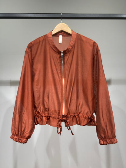 Veste Courte Zippé Manches Bouffantes Taille à Cordon