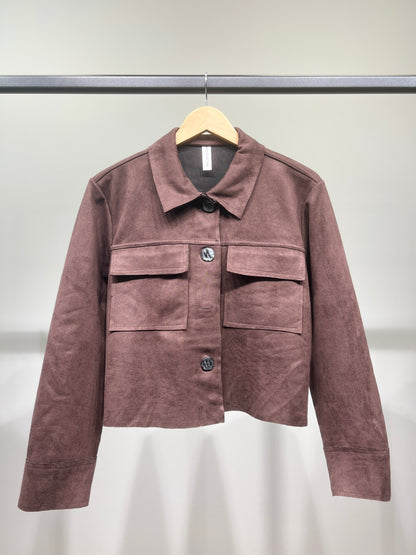 Veste Courte Surchemise Suédine Cropped Poches Plaquées