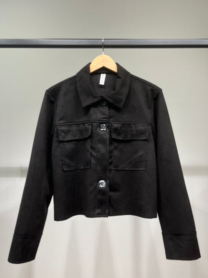 Veste Courte Surchemise Suédine Cropped Poches Plaquées