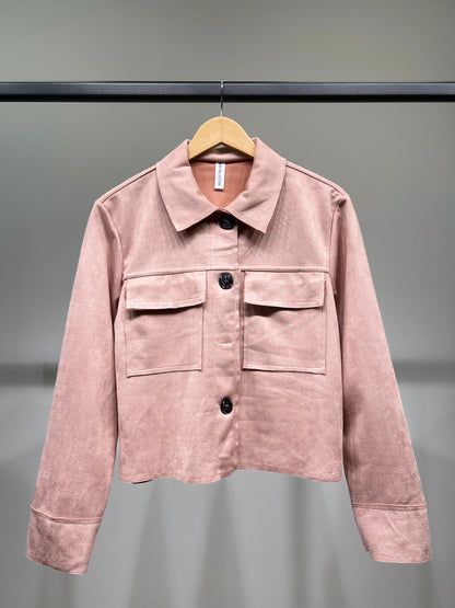 Veste Courte Surchemise Suédine Cropped Poches Plaquées
