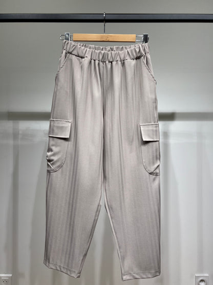 Pantalon Cargo Chic Large à Taille Élastique Texturé Chevron