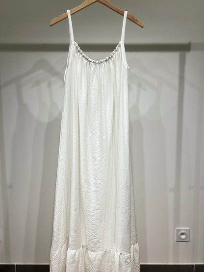 Robe Maxi Fluide Col Froncé Bretelles Fines Bas Volanté