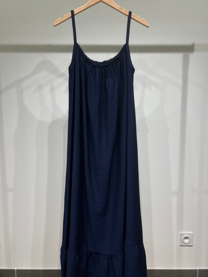 Robe Maxi Fluide Col Froncé Bretelles Fines Bas Volanté
