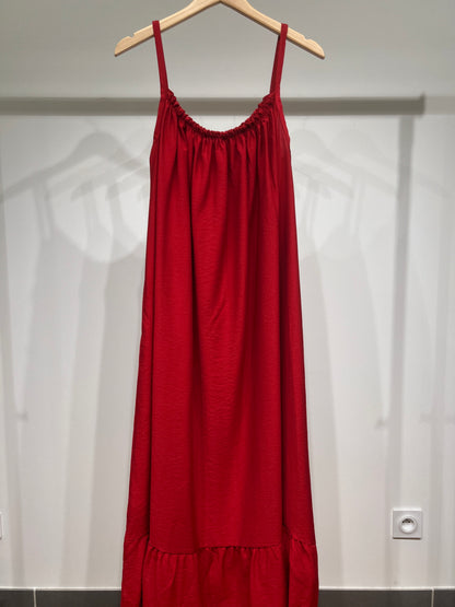 Robe Maxi Fluide Col Froncé Bretelles Fines Bas Volanté