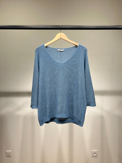 V-Neck Knitted Sweater with Shiny Modal Acrylic Yarn