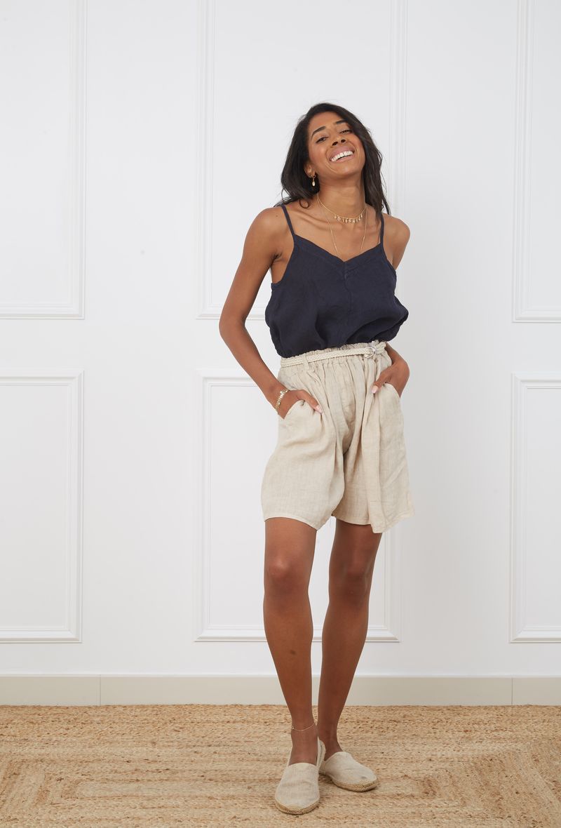 Short Léger 100% Lin Large à Ceinture En Corde Tressé