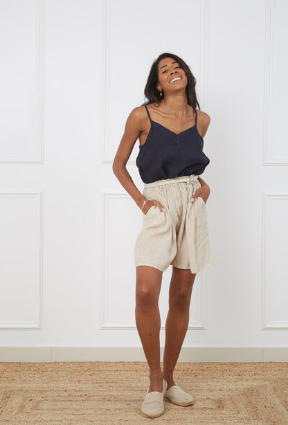 Short Léger 100% Lin Large à Ceinture En Corde Tressé