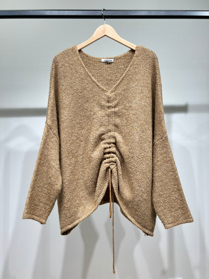 Pull Maille Large Col V Lien Froncé 18% Laine