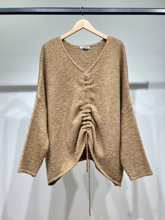 Pull Maille Large Col V Lien Froncé 18% Laine