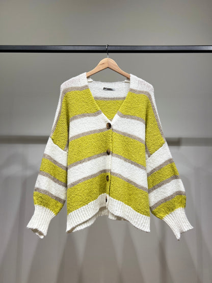 Cardigan Maille Large Motif Rayé Bicolore 18% Laine