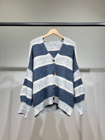 Cardigan Maille Large Motif Rayé Bicolore 18% Laine