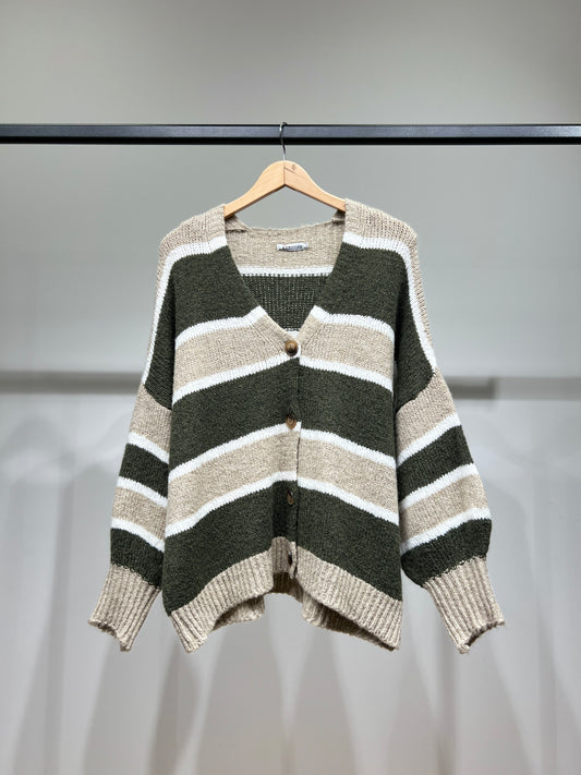 Cardigan Maille Large Motif Rayé Bicolore 18% Laine