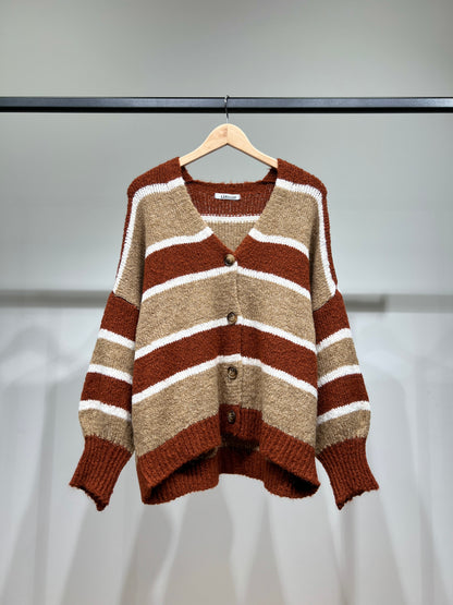 Cardigan Maille Large Motif Rayé Bicolore 18% Laine
