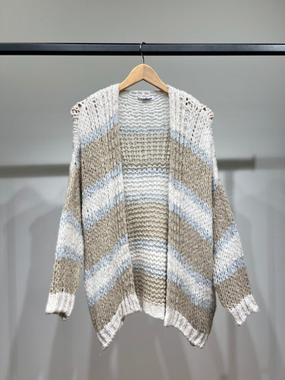 Cardigan Maille Large Motif Rayé Bi-Colore 18% Laine