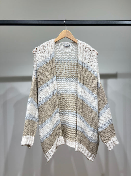 Cardigan Maille Large Motif Rayé Bi-Colore 18% Laine