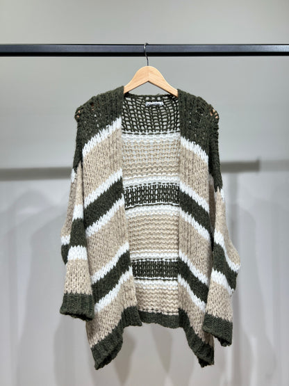 Cardigan Maille Large Motif Rayé Bi-Colore 18% Laine