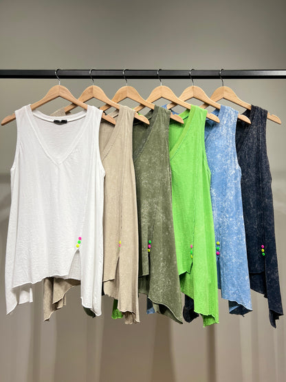 Débardeur 100% Coton Col V Asymétrique En Pointe à Boutons Motif Marbré