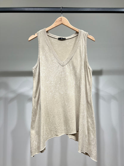 Débardeur 100% Coton Col V Asymétrique En Pointe à Boutons Motif Marbré
