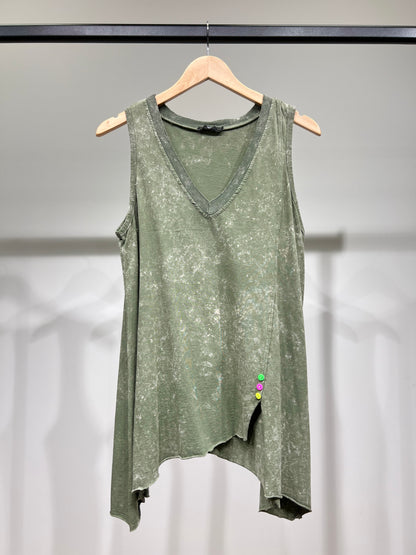 Débardeur 100% Coton Col V Asymétrique En Pointe à Boutons Motif Marbré
