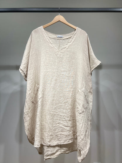 Large V-Neck Tunic with Short Sleeves and Sequin Pockets, 100% Linen