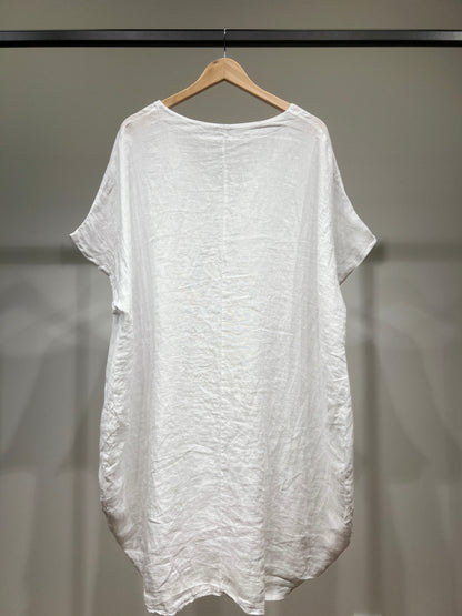Large V-Neck Tunic with Short Sleeves and Sequin Pockets, 100% Linen