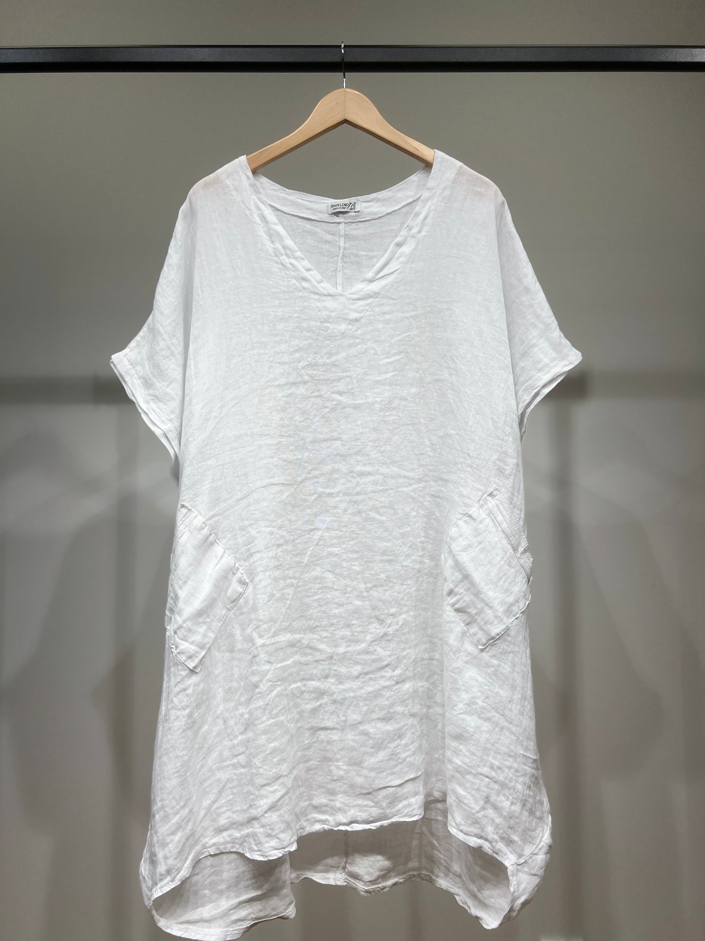 Large V-Neck Tunic with Short Sleeves and Sequin Pockets, 100% Linen