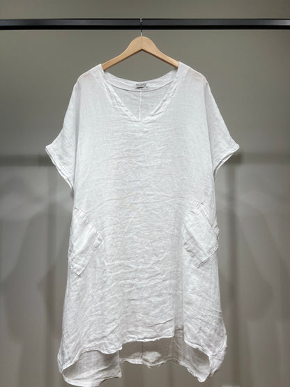 Large V-Neck Tunic with Short Sleeves and Sequin Pockets, 100% Linen