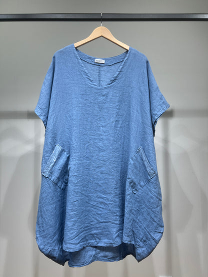 Large V-Neck Tunic with Short Sleeves and Sequin Pockets, 100% Linen