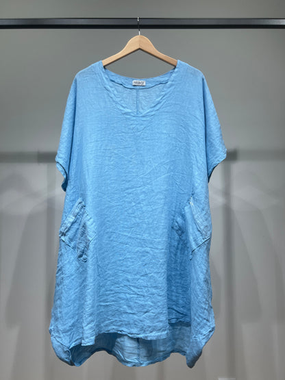 Large V-Neck Tunic with Short Sleeves and Sequin Pockets, 100% Linen