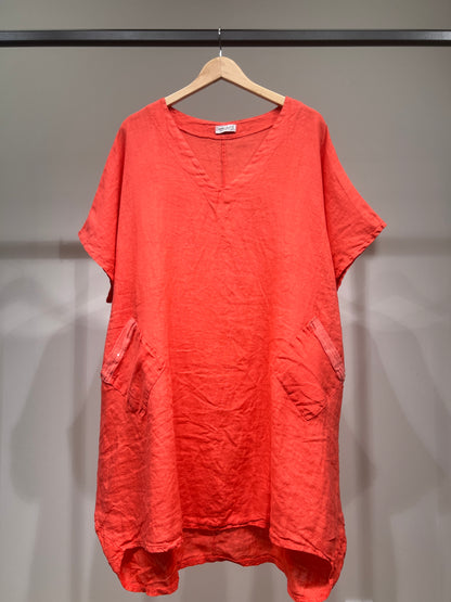 Large V-Neck Tunic with Short Sleeves and Sequin Pockets, 100% Linen