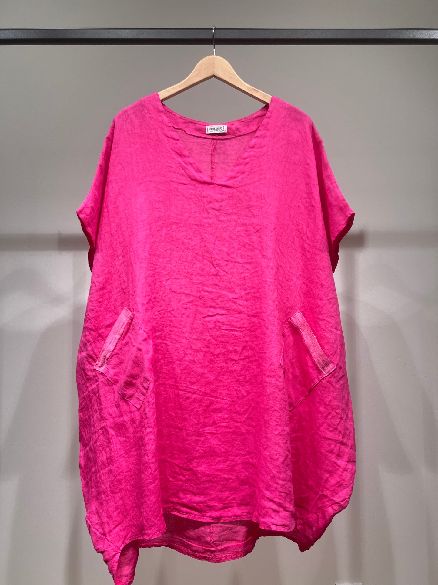 Large V-Neck Tunic with Short Sleeves and Sequin Pockets, 100% Linen
