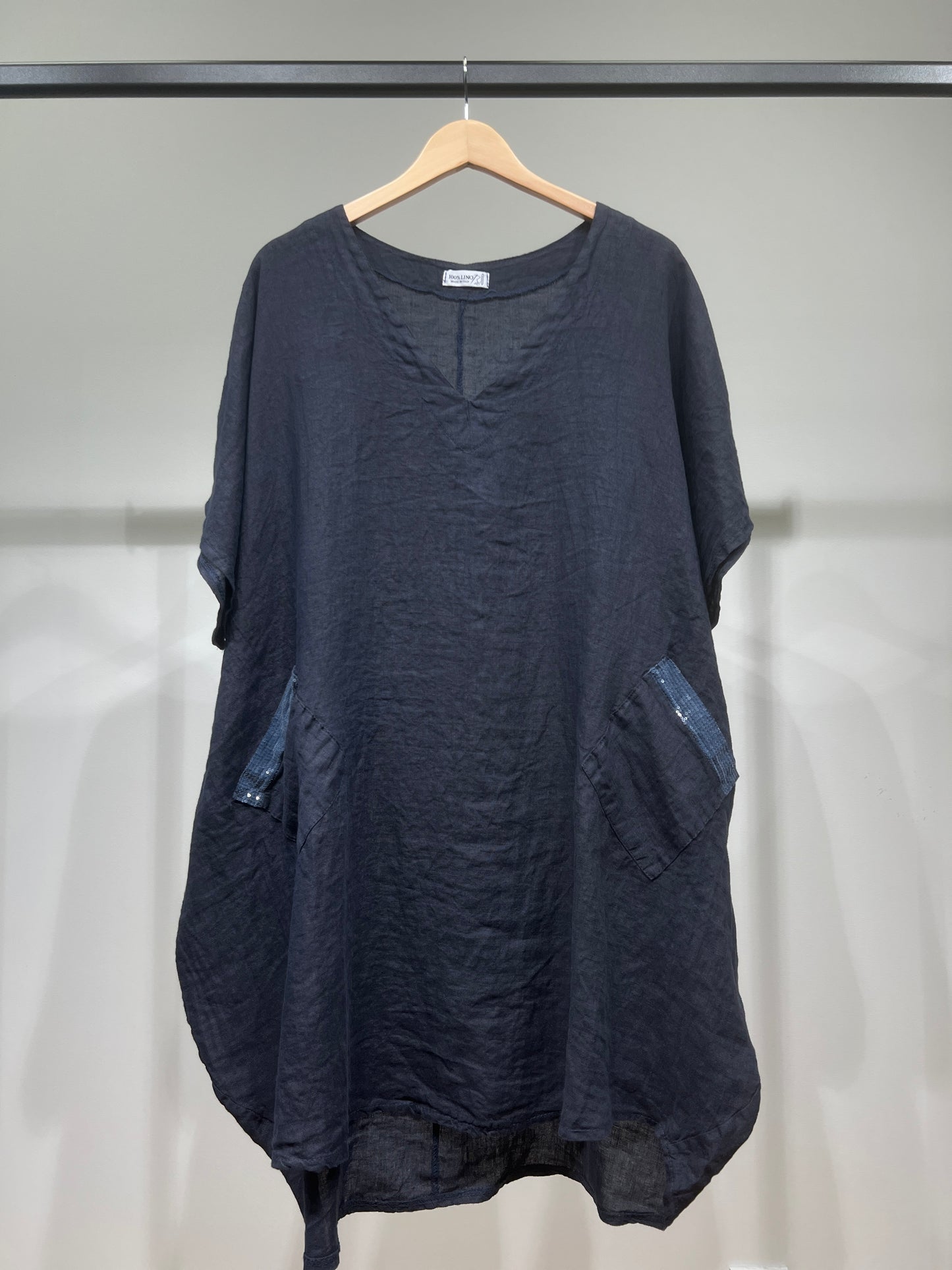 Large V-Neck Tunic with Short Sleeves and Sequin Pockets, 100% Linen