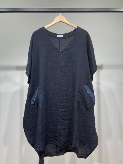 Large V-Neck Tunic with Short Sleeves and Sequin Pockets, 100% Linen